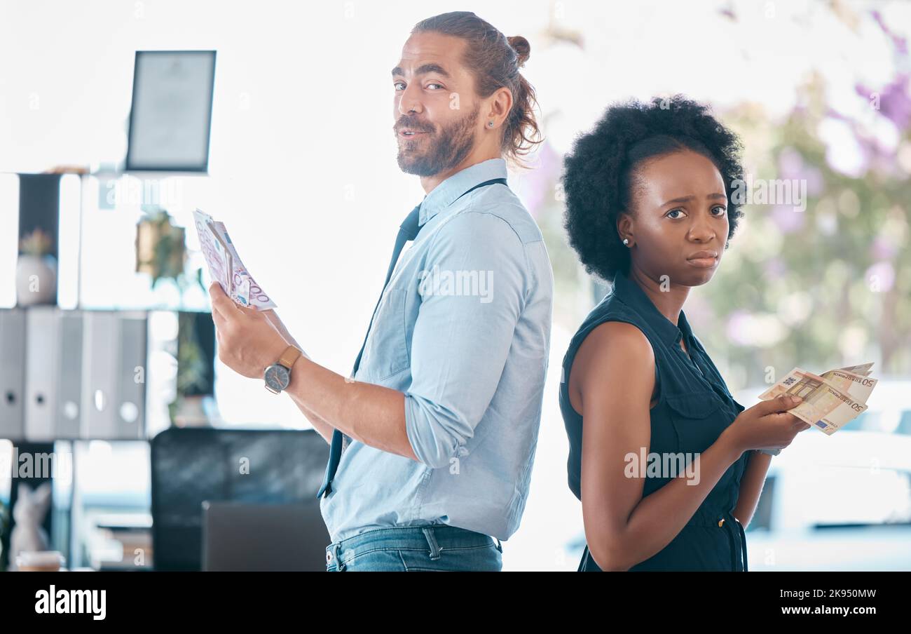 Money, gender bias and salary inequality in workplace between a team of equal professional employee colleagues. Pay gap, corporate sexism and corrupt Stock Photo