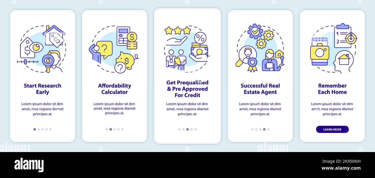 Homebuying process onboarding mobile app screen Stock Vector