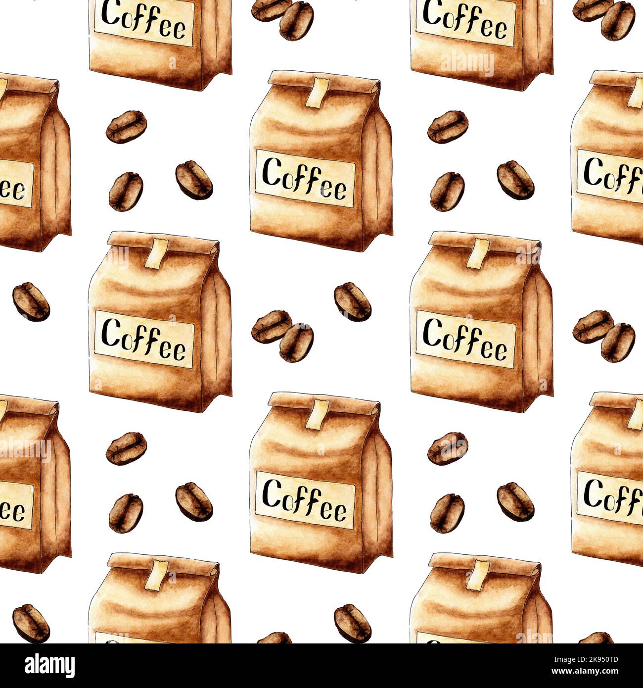 Pattern watercolor illustration craft bag with coffee beans