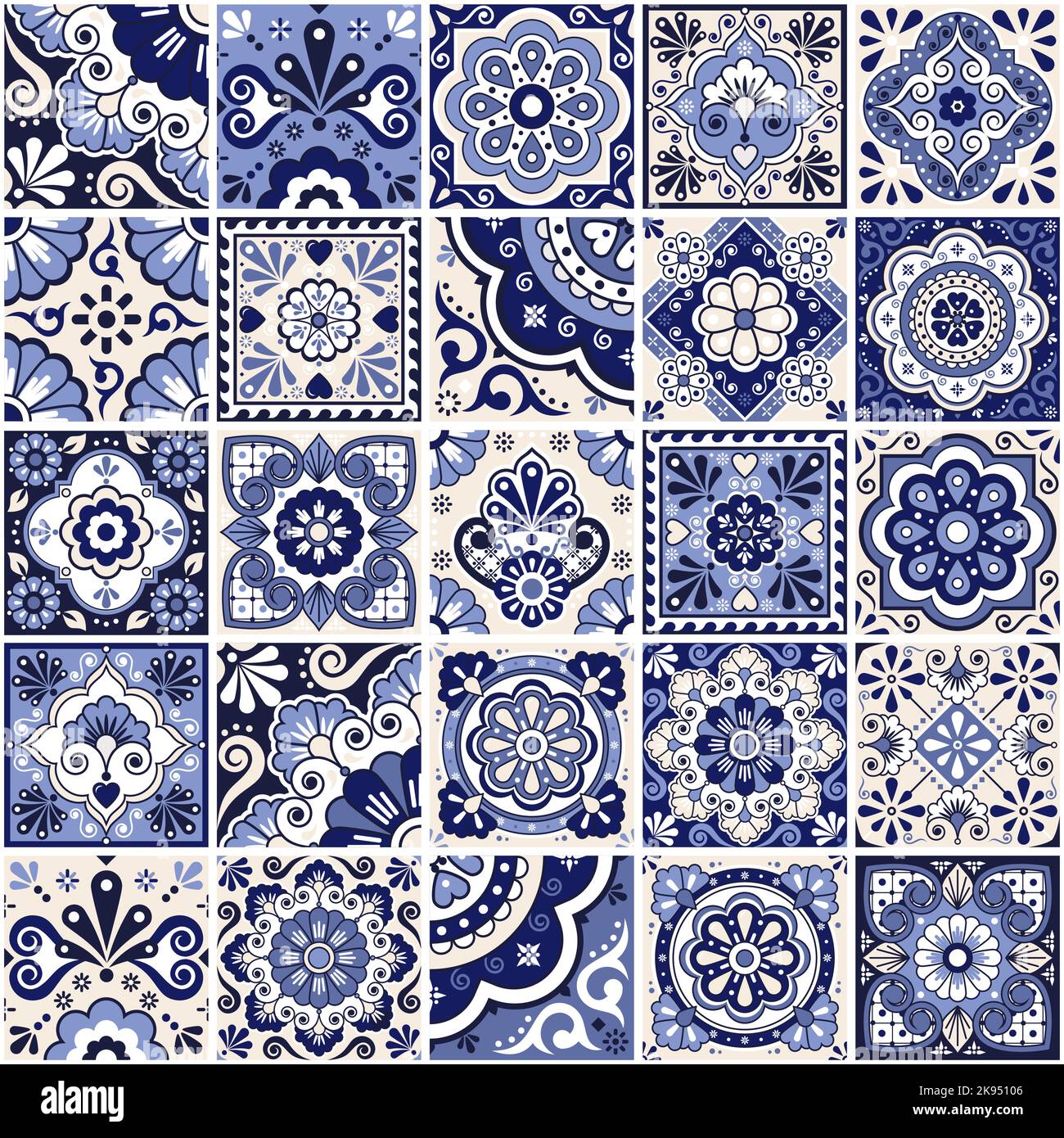 Mexican tiles seamless vector pattern - big set of navy blue talavera inspired designs perfect for wallpapers, home decor, textiles or fabric prints Stock Vector