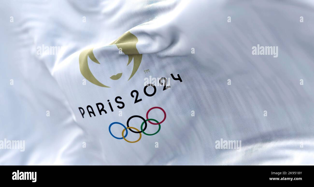 Paris, FR, October 2022 Closeup view of the Paris 2024 Summer