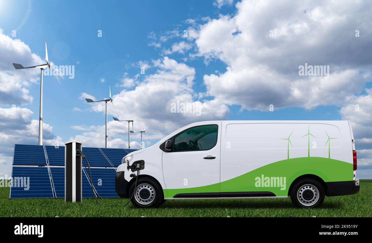 Electric van with charging station on a background of solar panel and