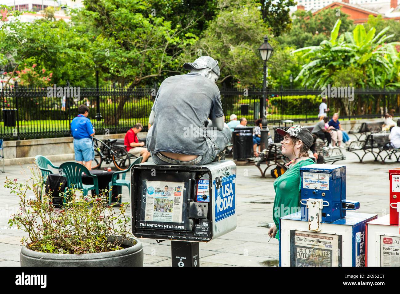 NEW ORLEANS, USA - JULY 15:  people work as pantomime to earn money from tourists at Jackson Square on July 15, 2013 in New Orleans. Jackson Square, i Stock Photo