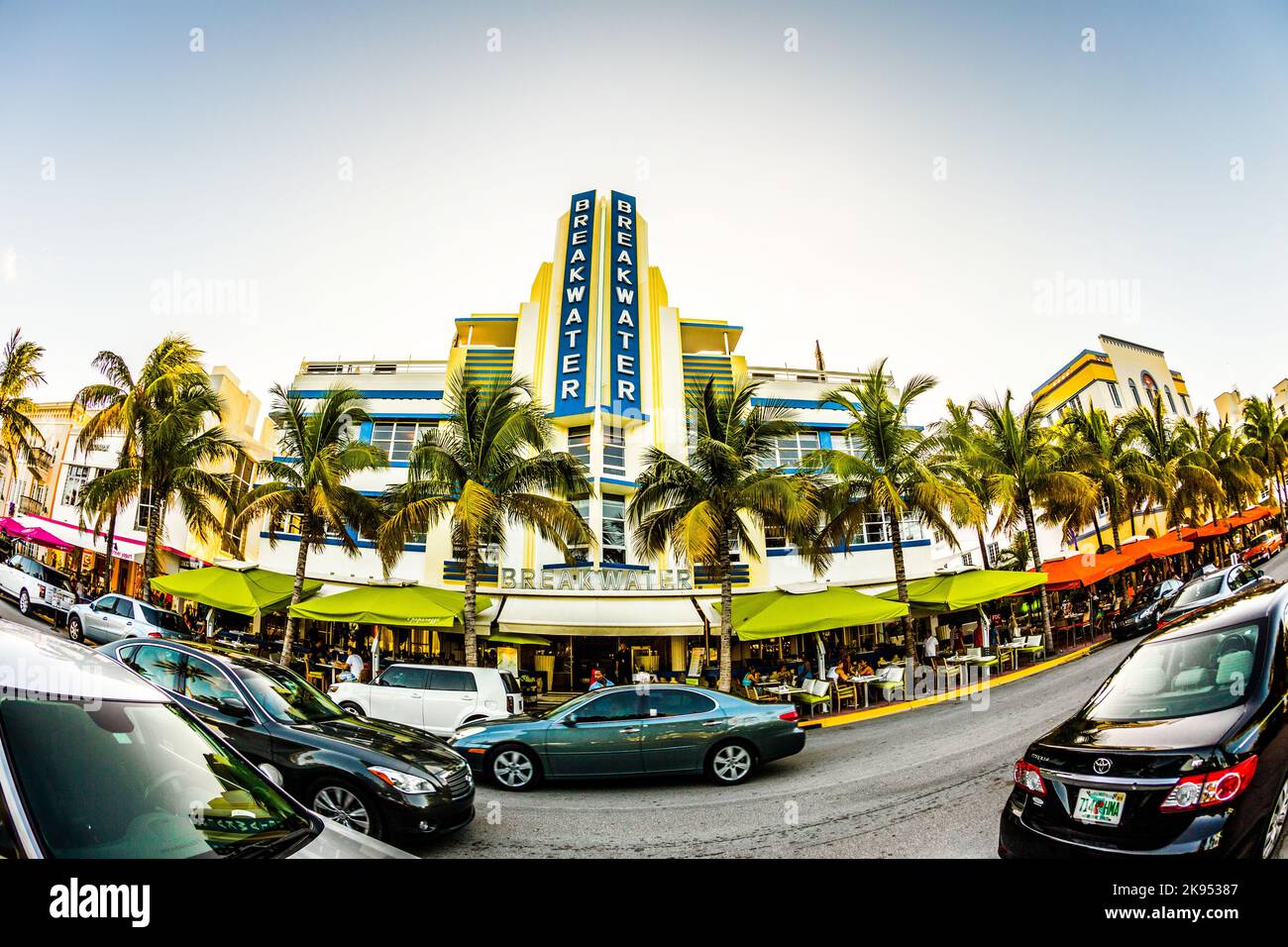 MIAMI, USA - July 31:  famous Breakwater hotel located at  Ocean Drive was built in the 1930's in South Beach July 31 2013 in Miami, USA. Most of the Stock Photo