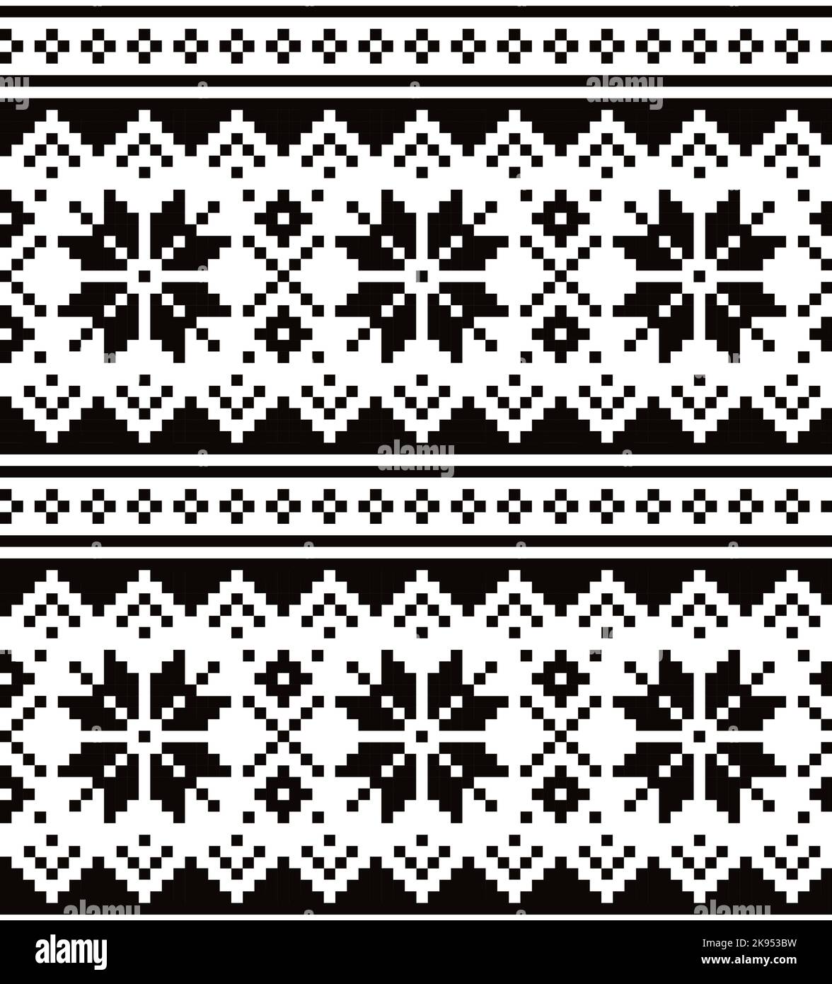 Christmas winter vector seamless black and white pattern with snowflakes, inspired by Sami people, Lapland folk art design, traditional knitting and e Stock Vector