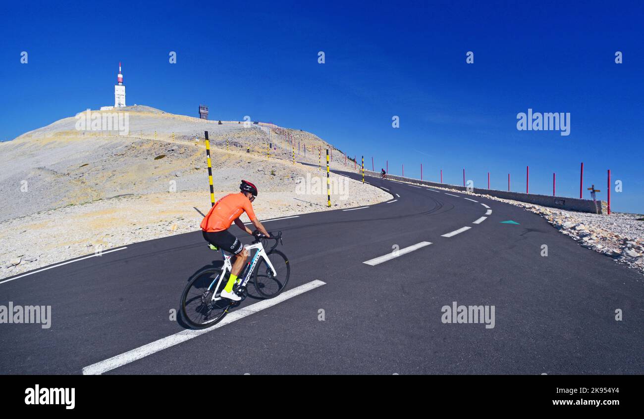 cyclist on the way to the summit of Mont Ventoux, France, Provence, Vaucluse, Bedouin Stock Photo