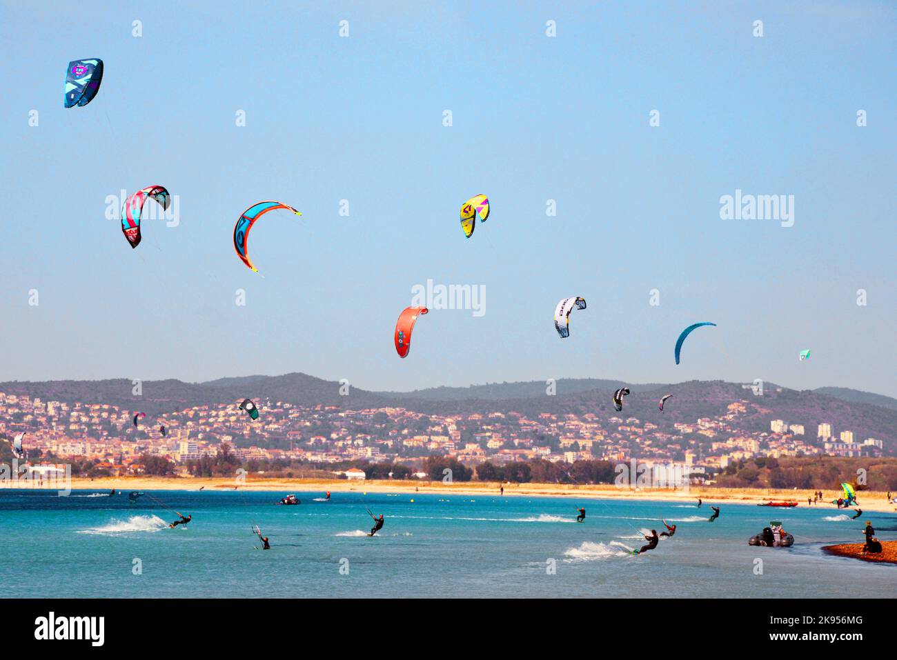kitesurfers at the coast of Giens, France, Dep. Var, Giens Stock Photo