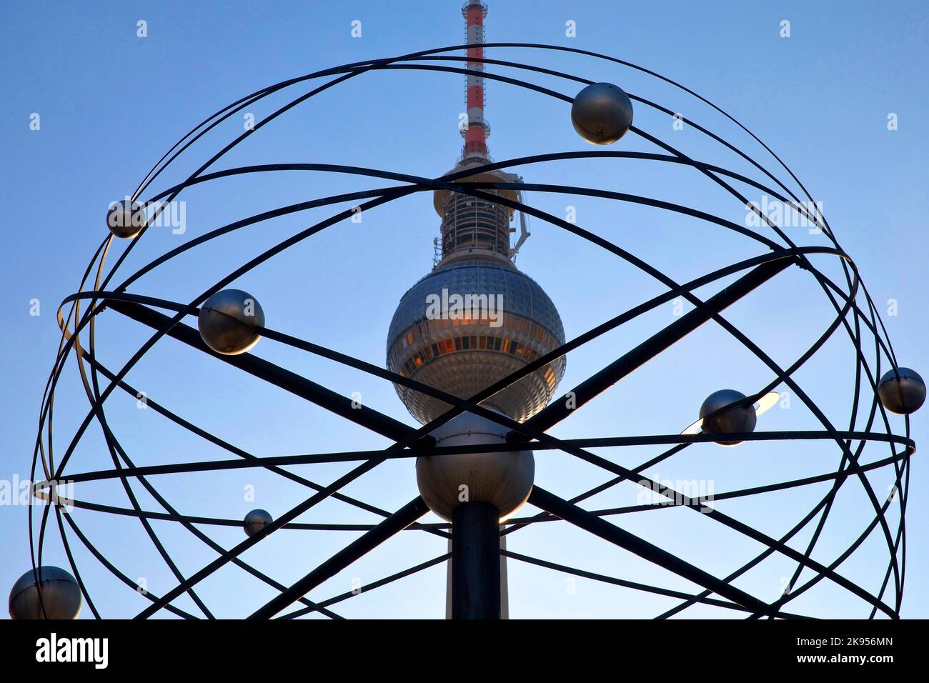 Planet model of the Urania world time clock with television tower, Alexanderplatz, Berlin Mitte, Germany, Berlin Stock Photo