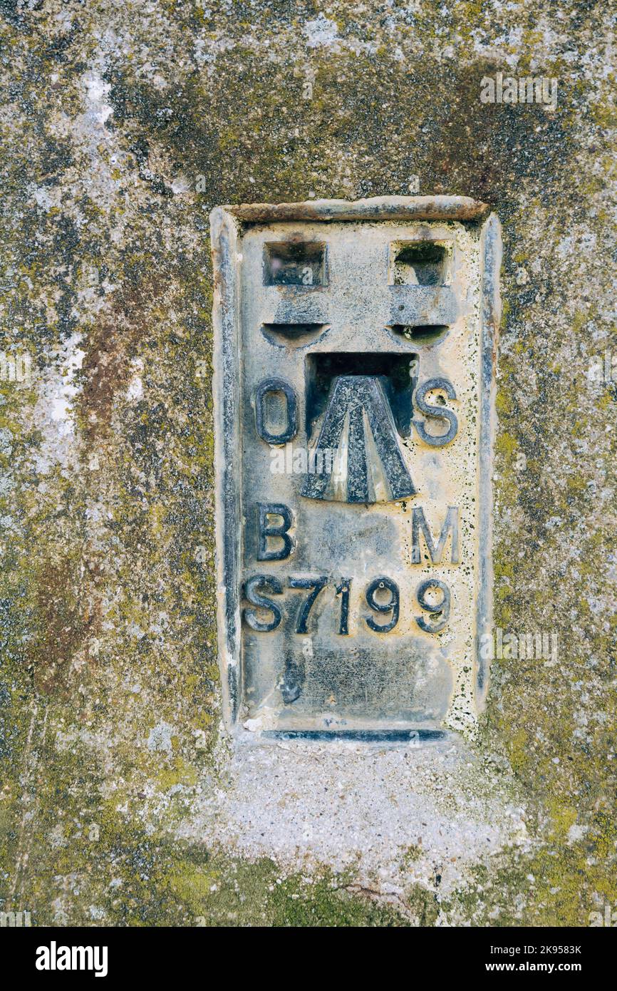 Old metal Ordnance Survey trig point sign Oxfordshire England UK Stock Photo
