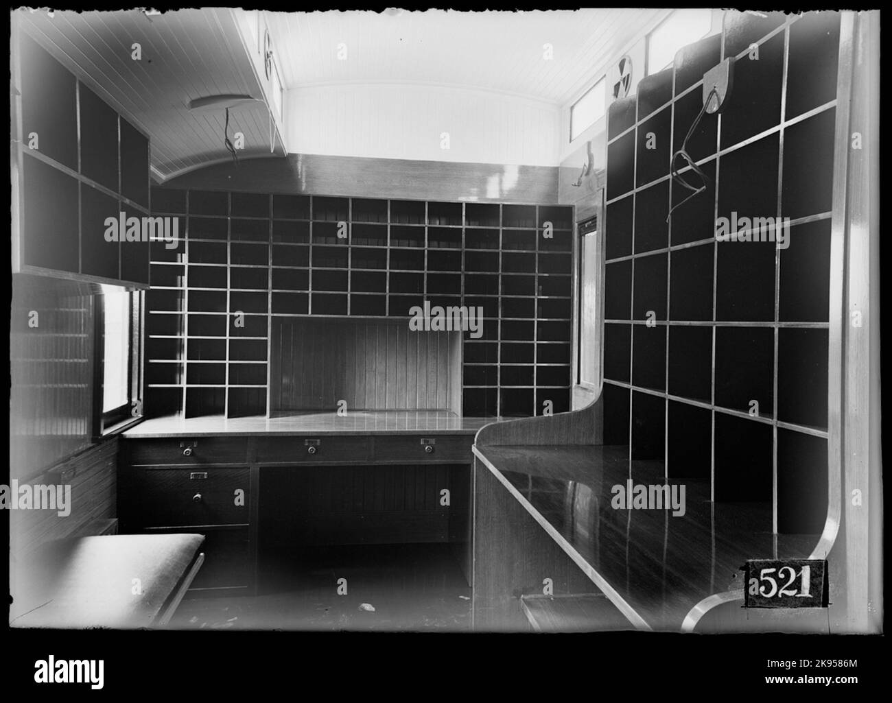 Interior in Norwegian mail car, sorting table. Norway's state banks ...
