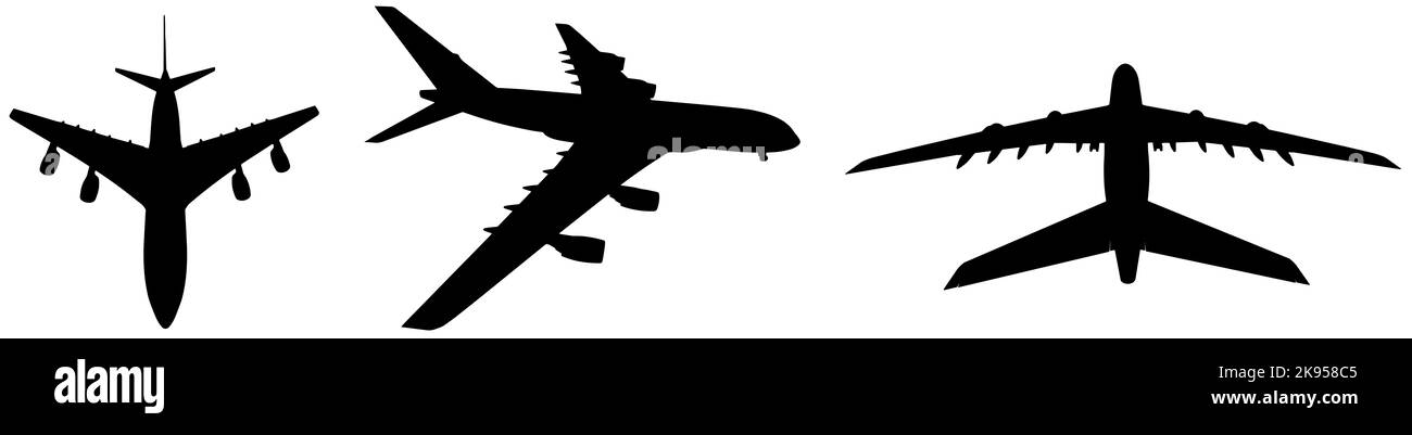 Conceptual set of three flying black passenger jetliner or commercial planes, isolated on white background. 3d illustration for jet transportation Stock Photo