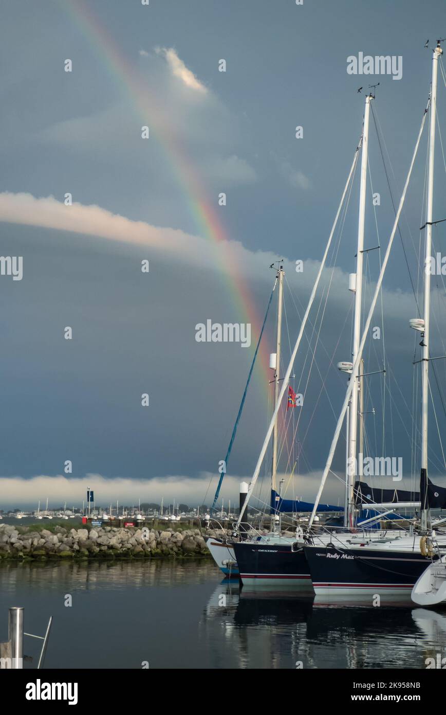 Rainbow over the yacht marina, Parkstone Yacht Club, Poole, Dorset, England, UK Stock Photo