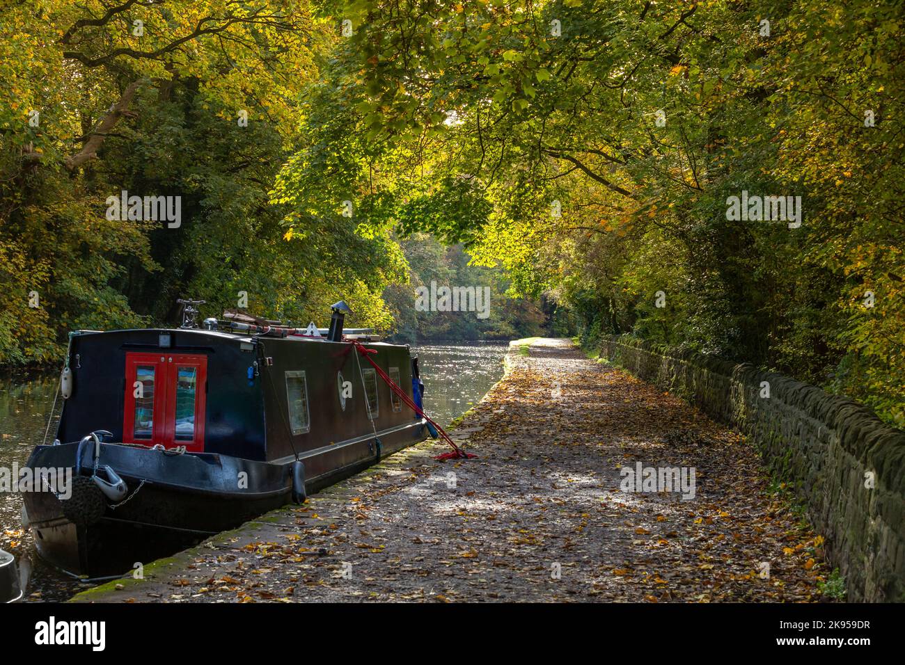 A barge (narrowboat, flat bottomed boat) is moored up at the side of the Leeds Liverpool canal in Bingley, Yorkshire in Autumn. Stock Photo