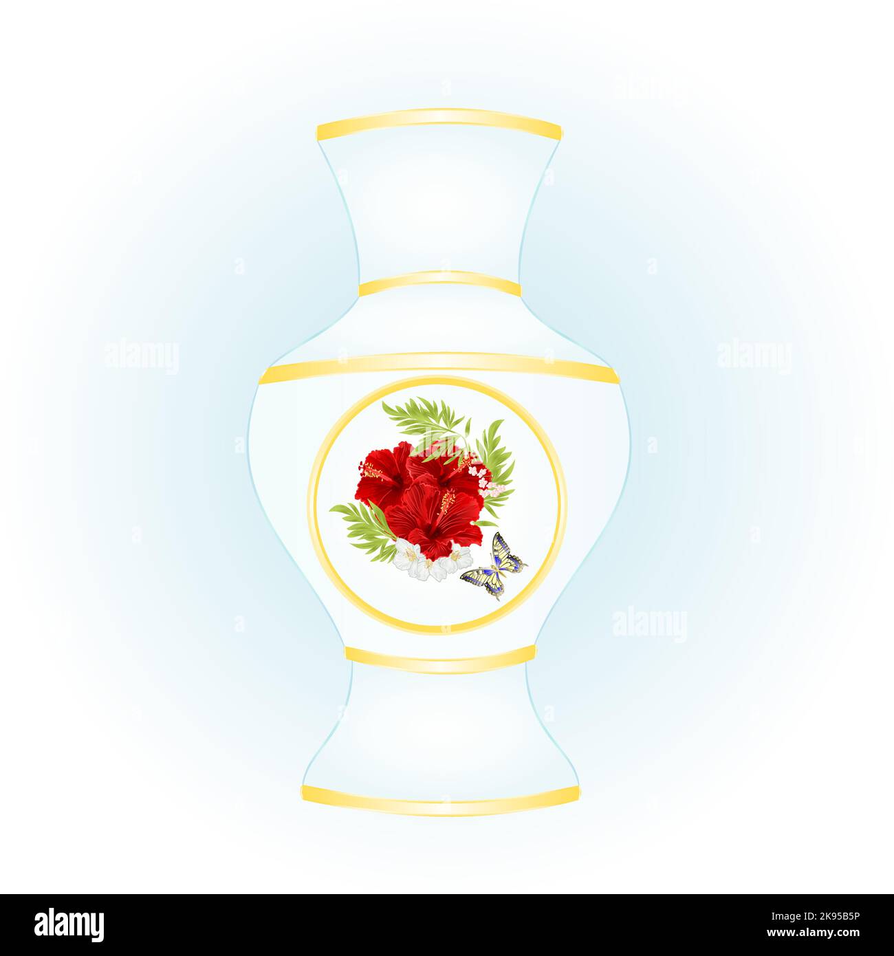 Vase of porcelain red hibiscus and butterfly vintage vector