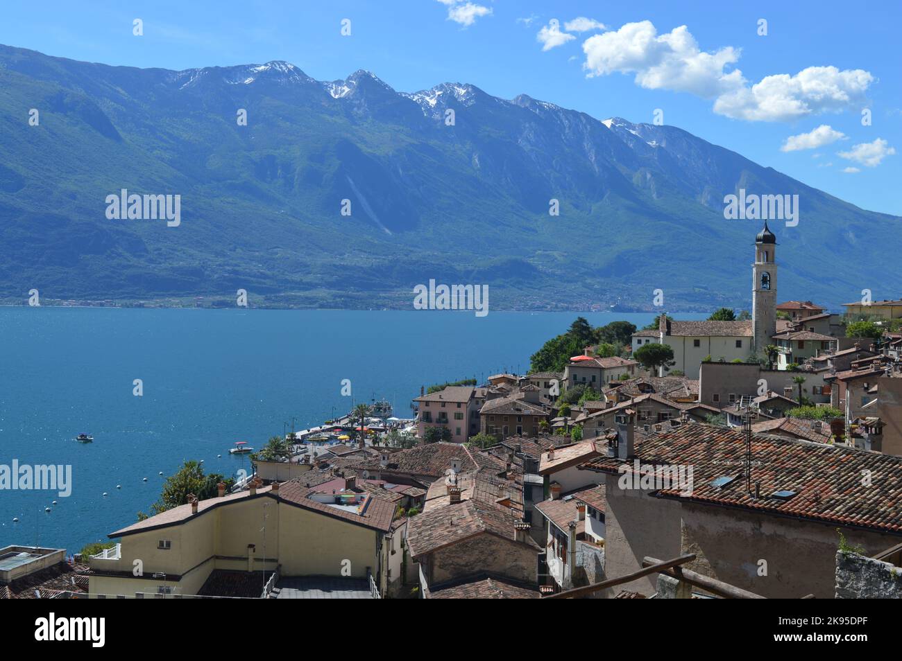 Limone sul Garda, view over Limone to lake Garda, Malcesine and Monte Baldo Stock Photo