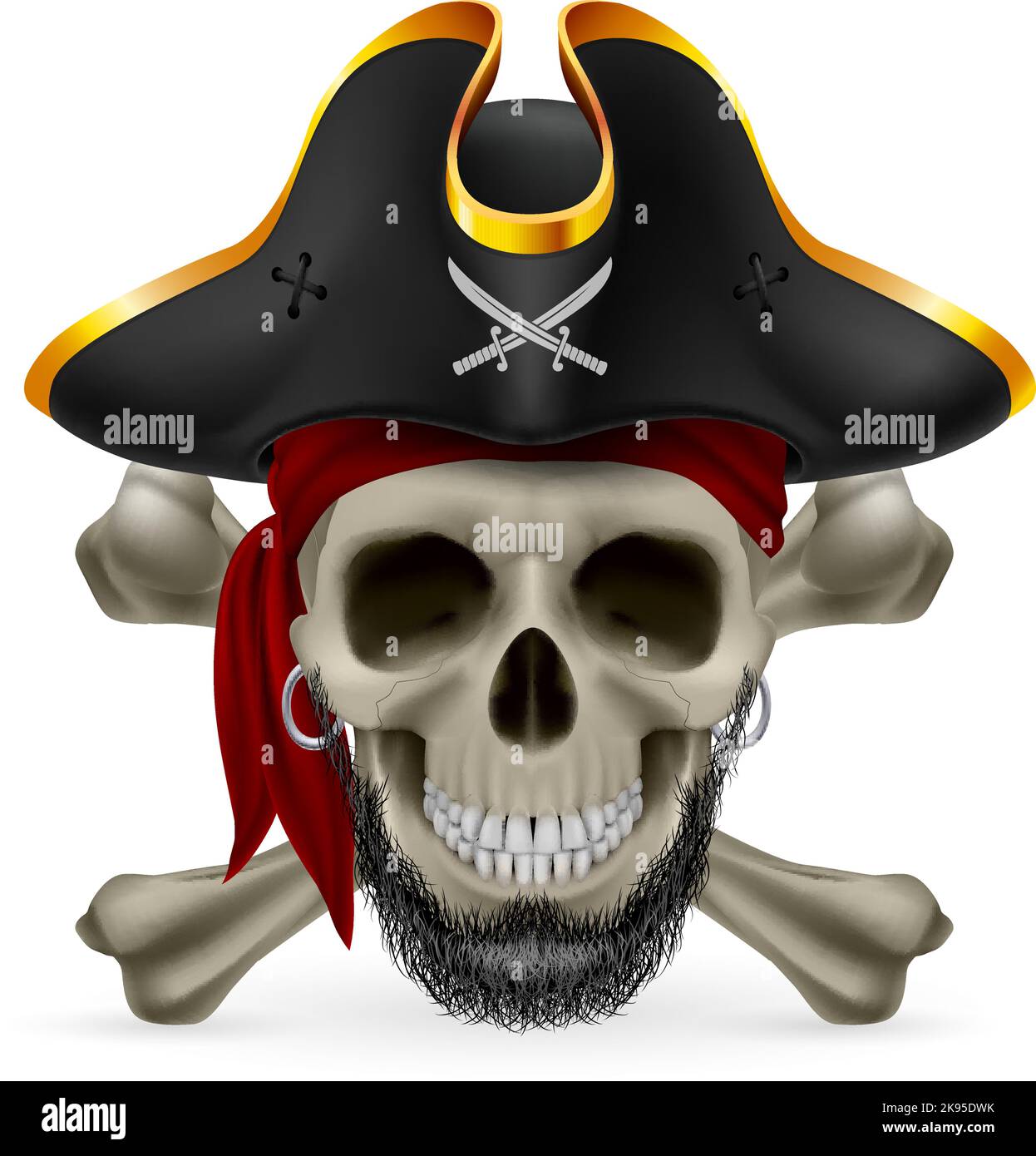 Bearded pirate skull in red bandana and cocked hat with crossed bones ...