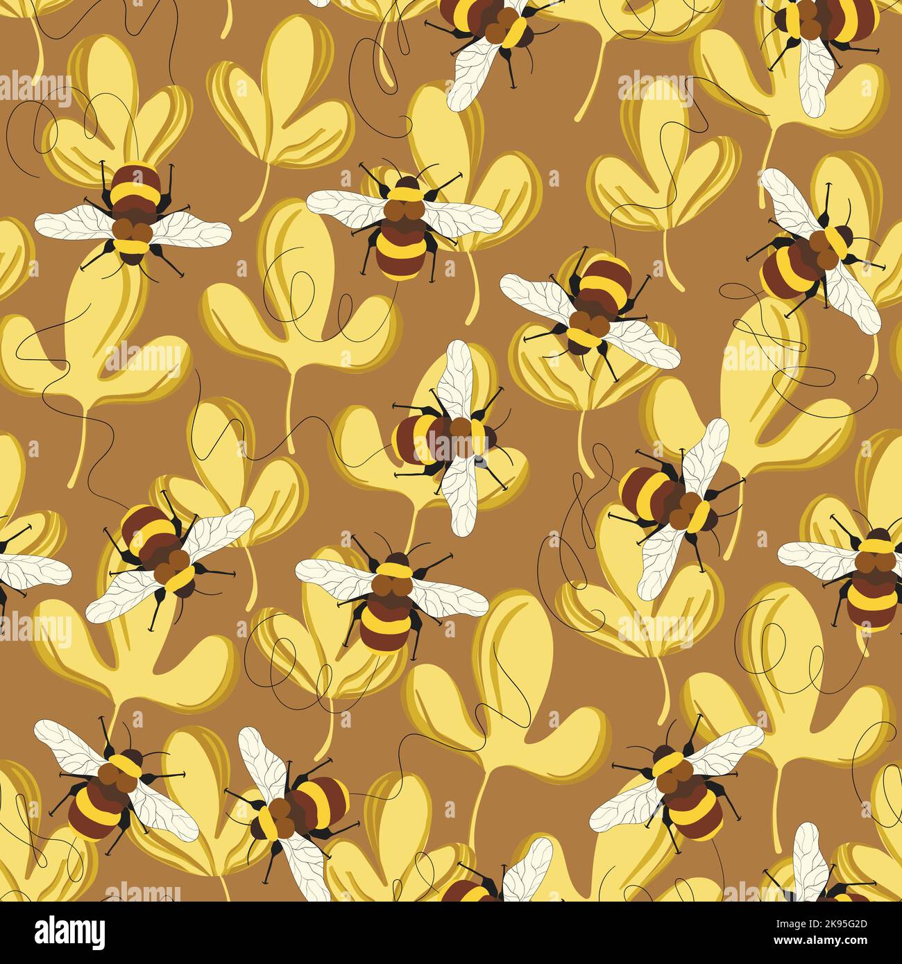 Seamless pattern with bees on floral background. Small wasp. Vector ...