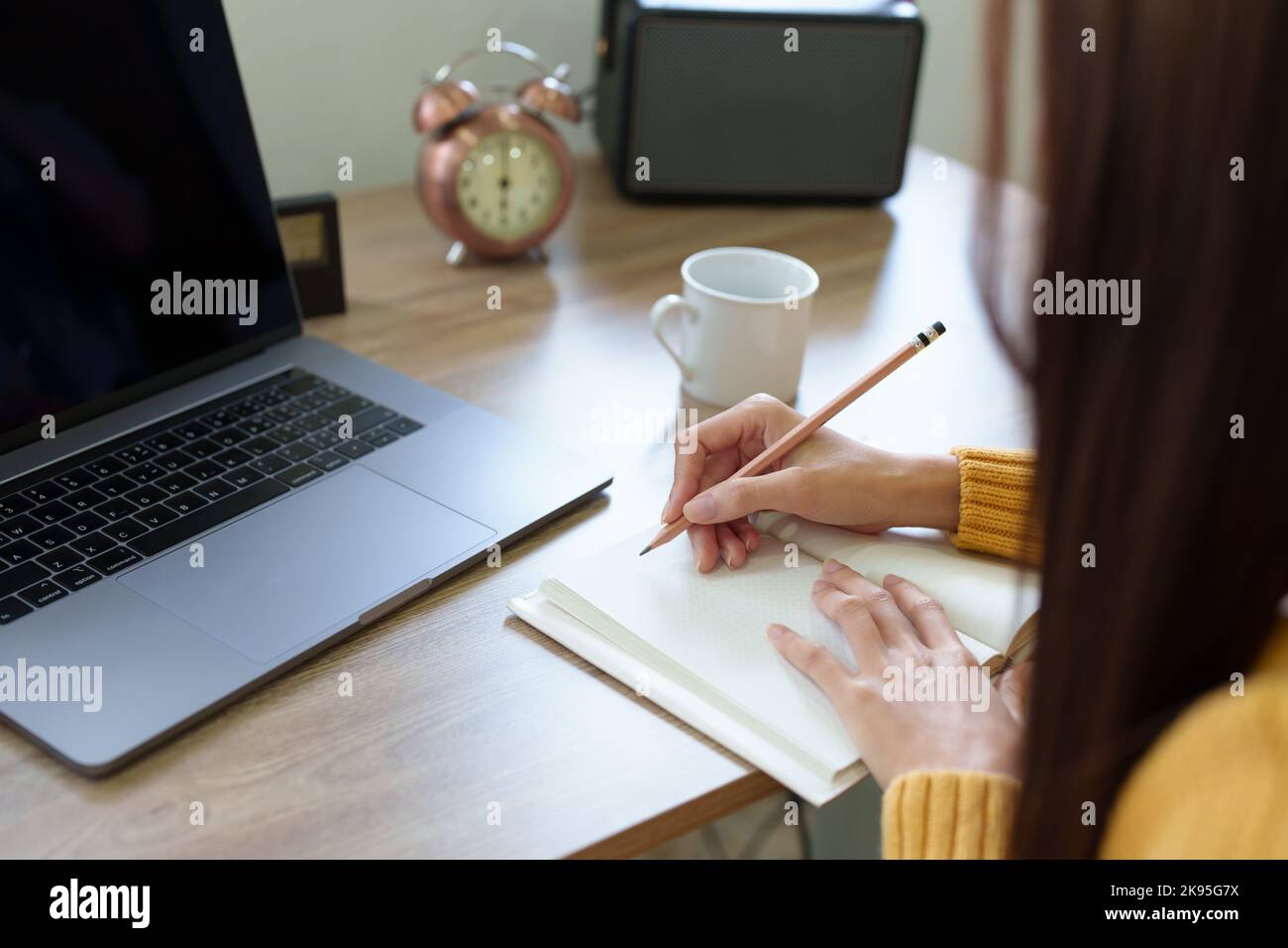 A woman using a pencil to write down memories in a notebook Stock Photo