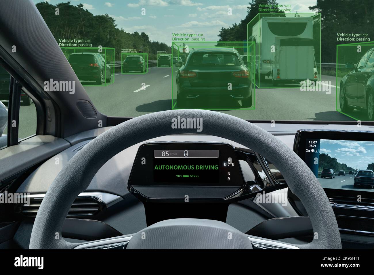 Autonomous vehicle vision with system recognition of cars  Stock Photo