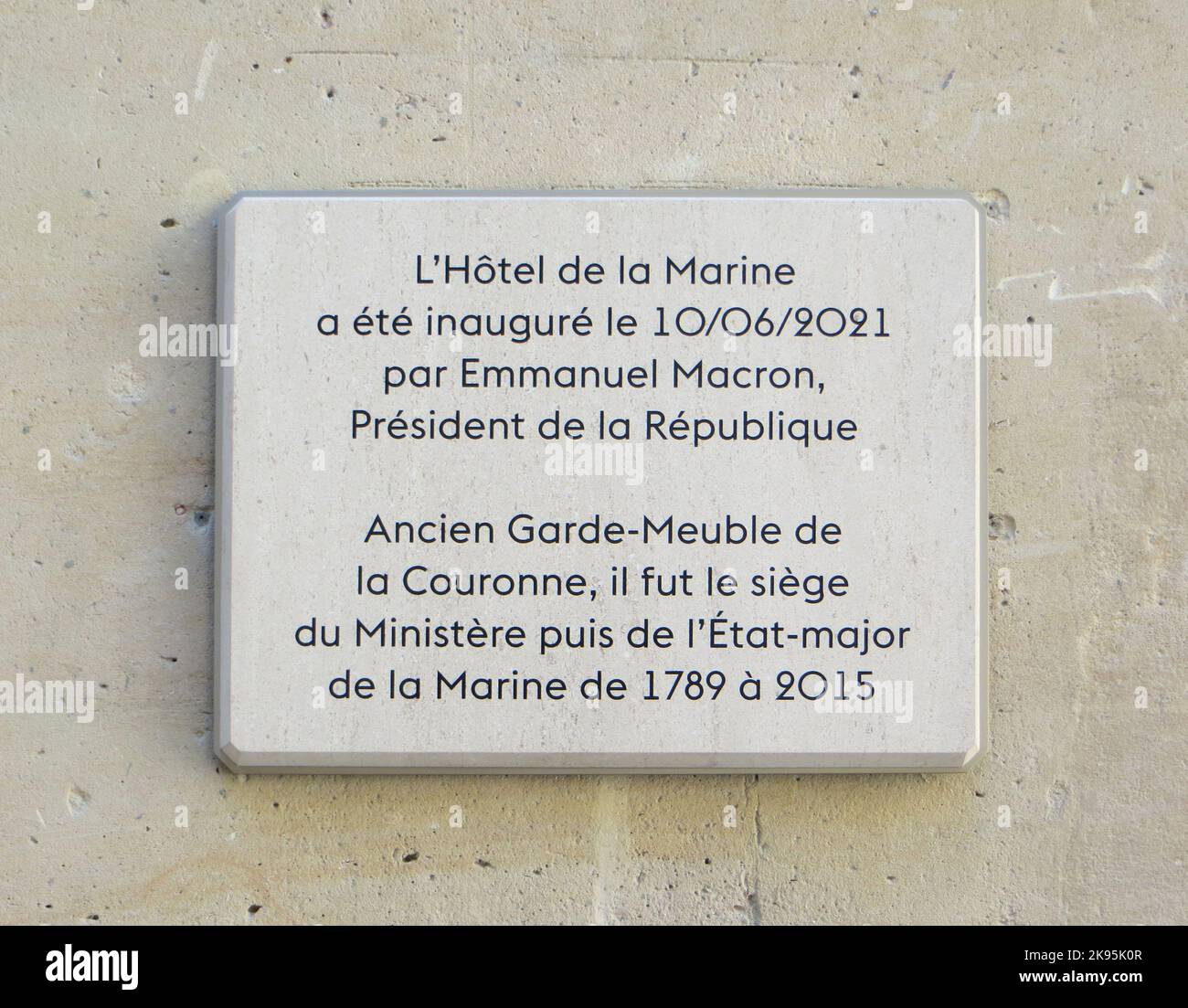 Hôtel de la Marine, Place de la Concorde, Paris Cour d'Estienne d'Orves, plaque commemorating the inauguration by Emmanuel Macron on 10 June 2021 Paris, 14 June 2021 Stock Photo