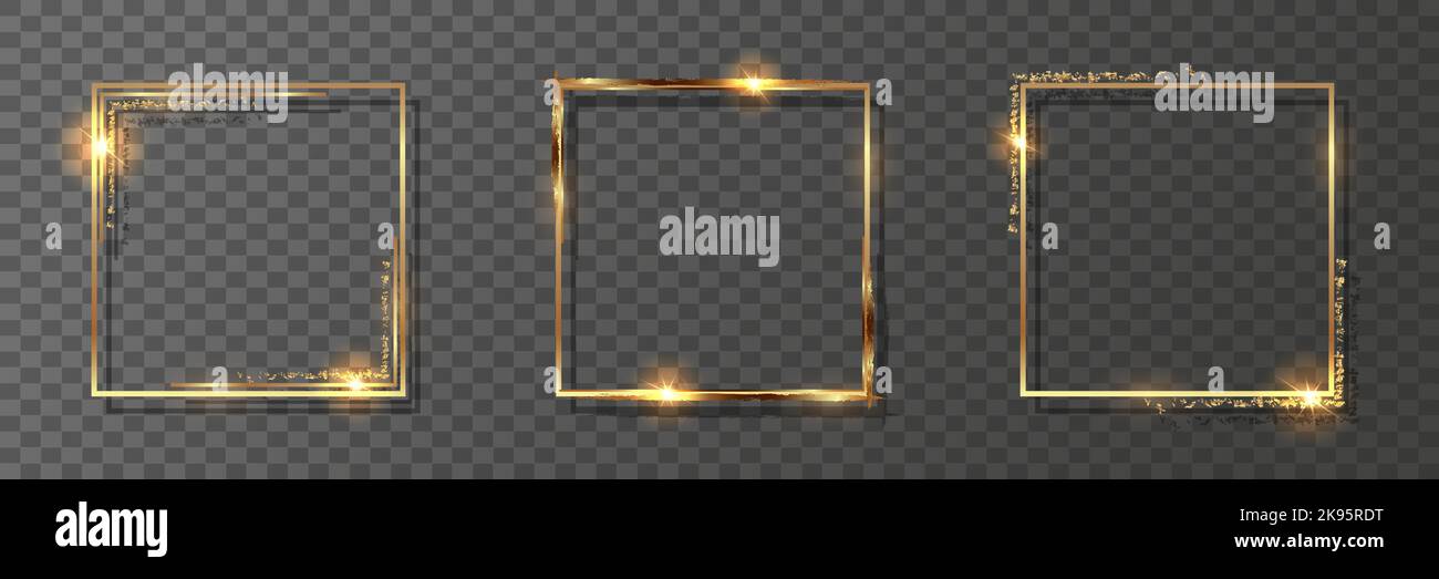 Three square golden decorative frames. Set of shiny gold borders on a transparent background. Vector illustration. Stock Vector