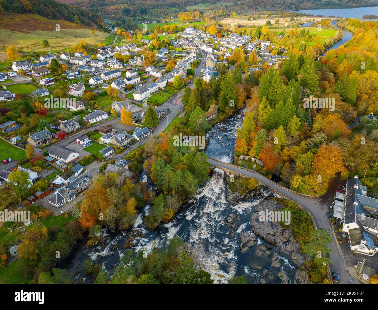 Aerial view of autumn colours at Falls of Dochart on the River Tay in ...