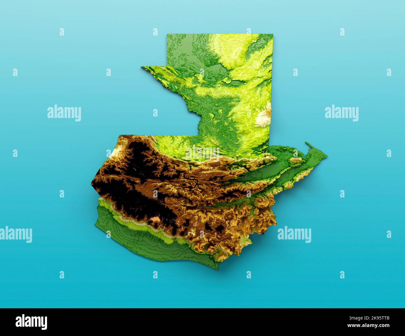 Guatemala Map Shaded relief Color Height map on the sea Blue Background 3d illustration Stock