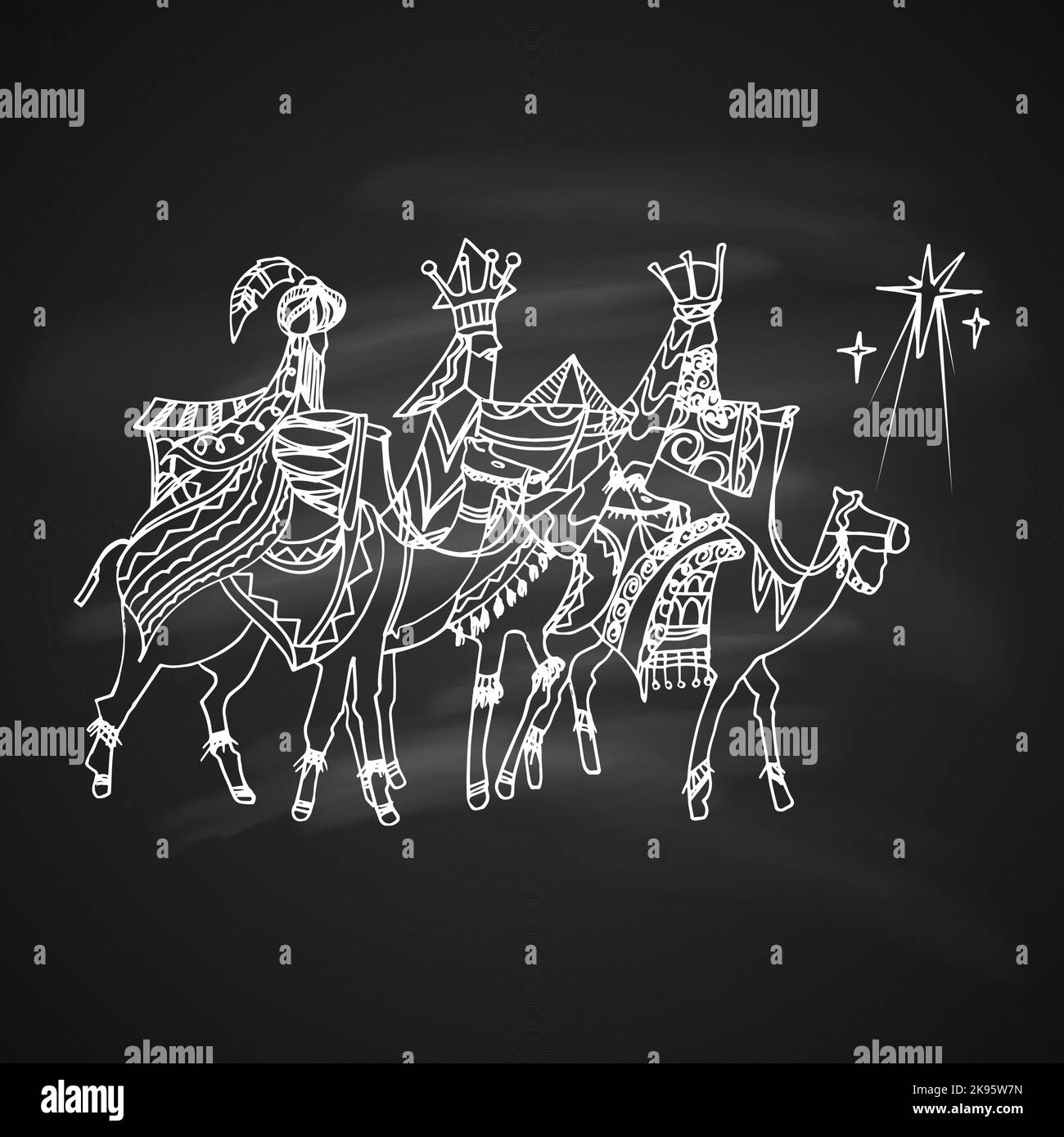 Chalk Drawing Illustration for Merry Christmas and Happy New Year Print Design. Three wise men following the star of Bethlehem Stock Vector