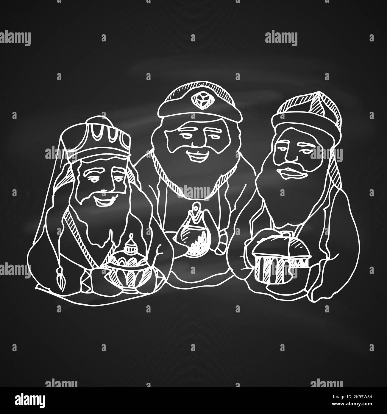 Chalk Drawing Illustration for Merry Christmas and Happy New Year Print Design. Three King. Three Wise Men with Gifts Stock Vector