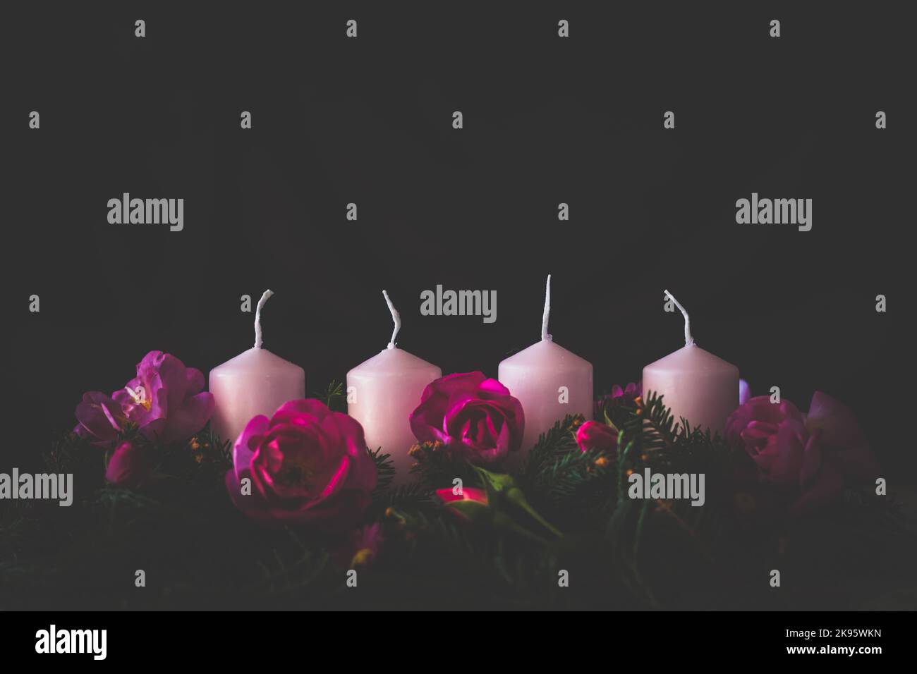 advent candles prepared on decorated rose flower pink advent wreath, no fire Stock Photo Alamy