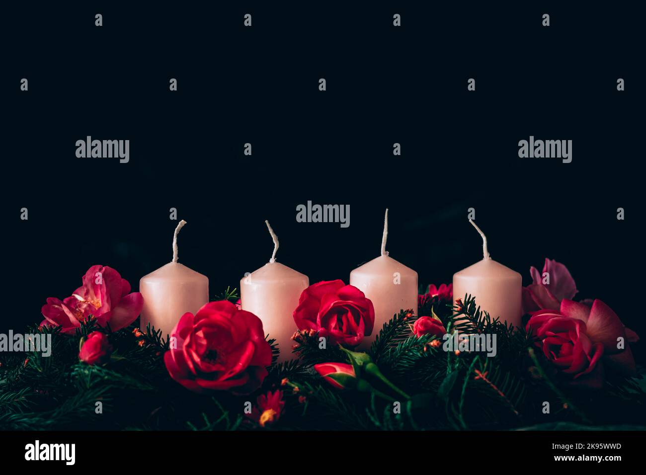 advent candles prepared on decorated rose flower pink advent wreath, no