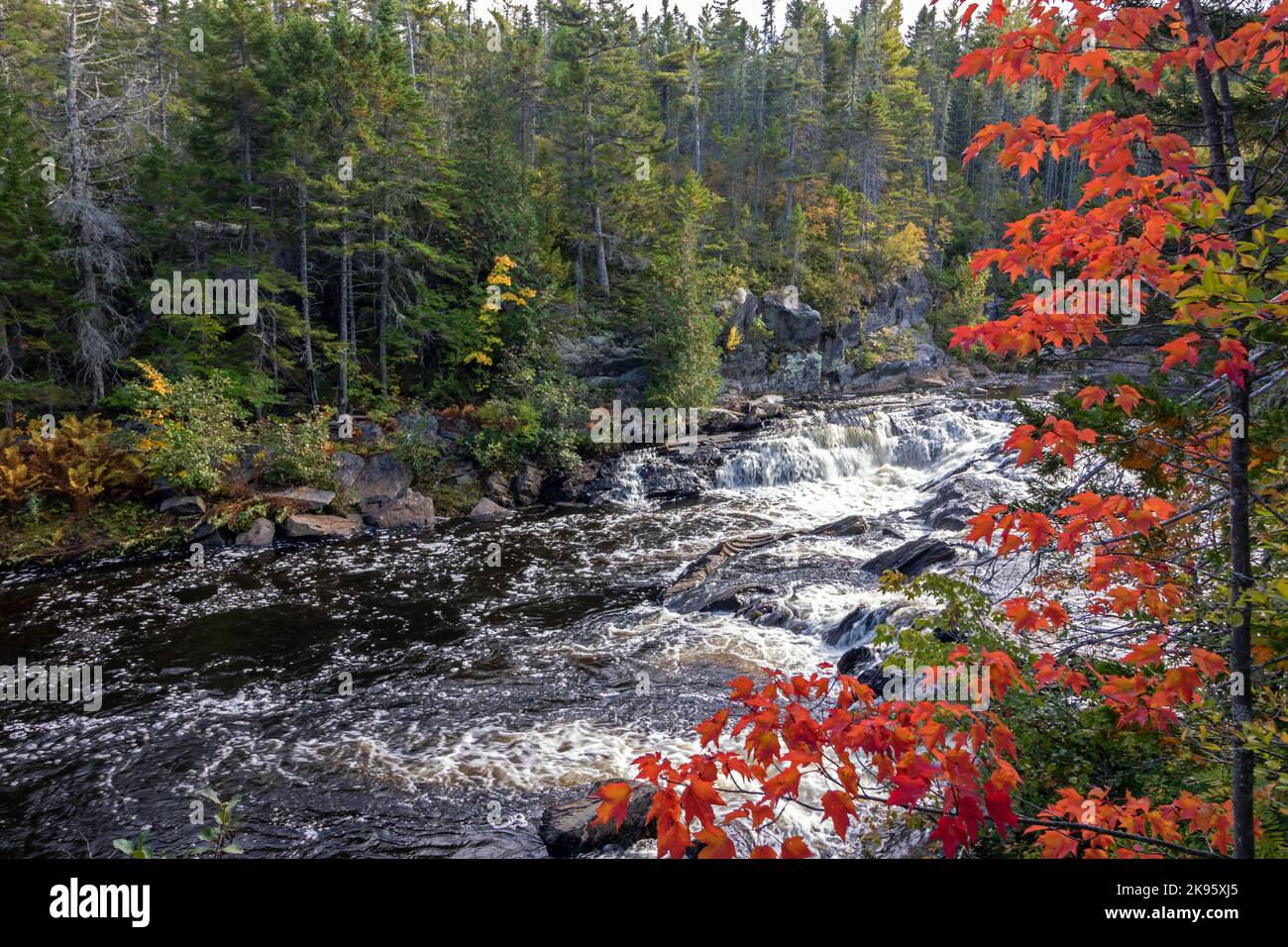 Waterfalls rush down the gorge at Gulf Hagas in the northern Maine Woods in early fall Stock Photo