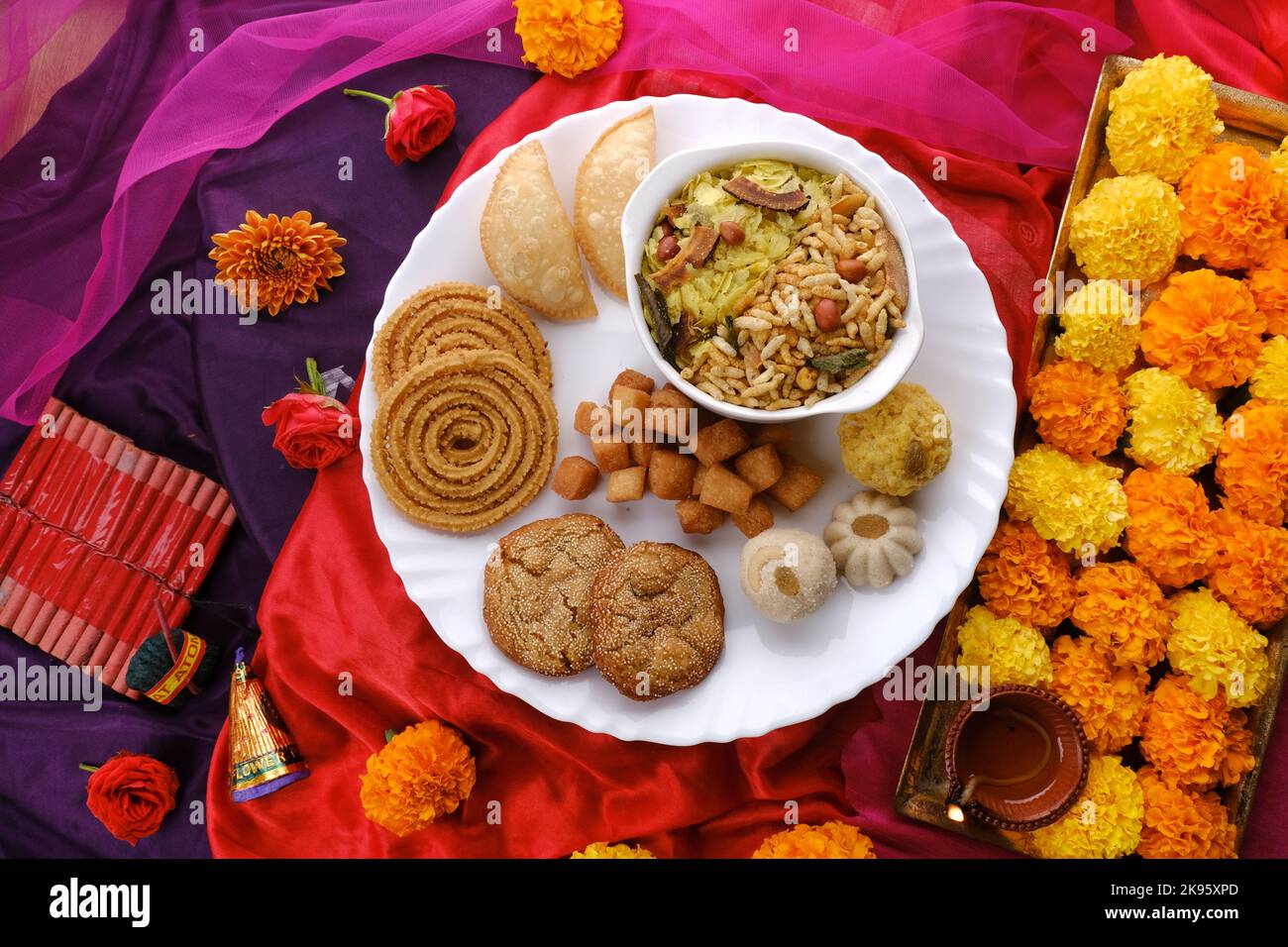 Diwali snacks Diwali faral, Diwali Special sweet and salty snacks, Festival snacks from Maharashtra, India. Stock Photo