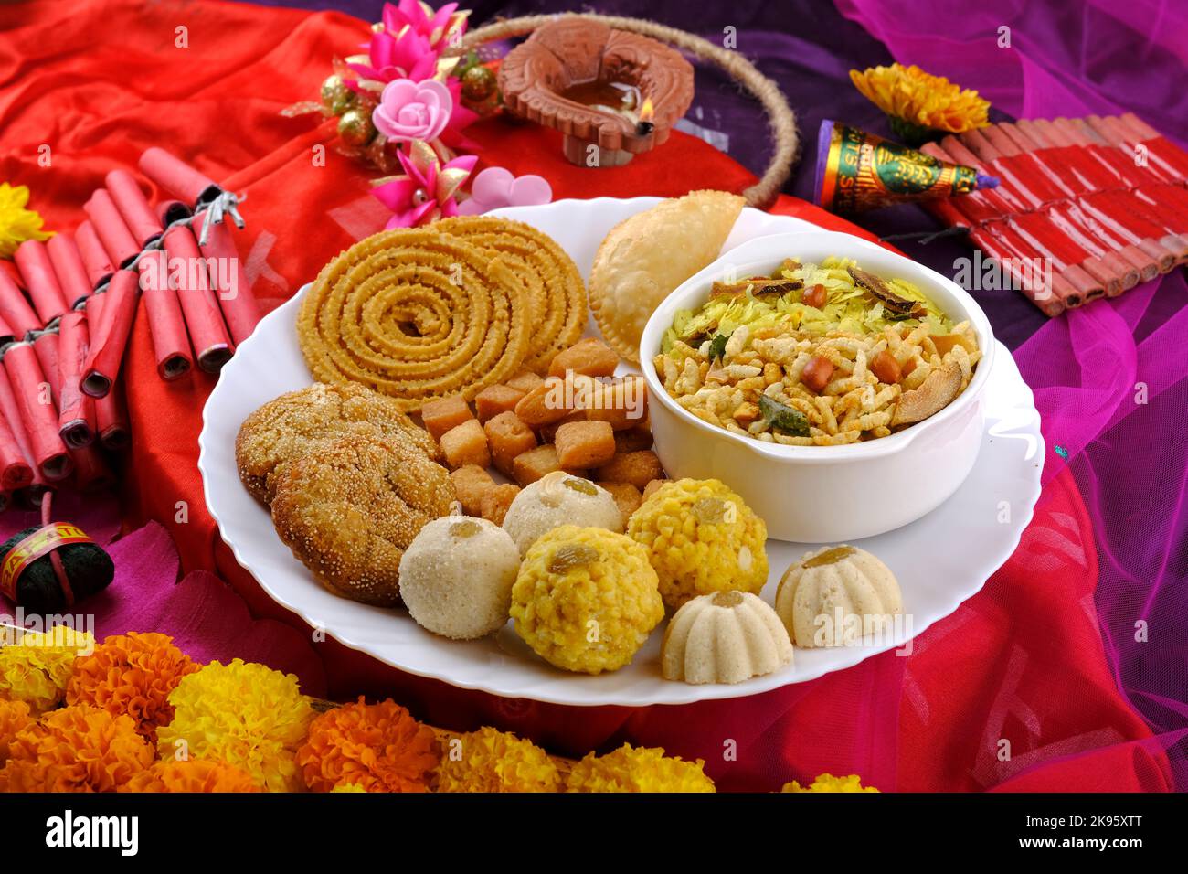 Diwali snacks Diwali faral, Diwali Special sweet and salty snacks, Festival snacks from Maharashtra, India. Stock Photo