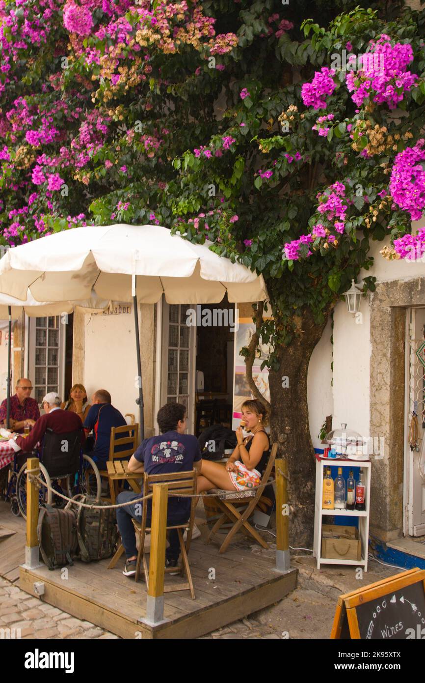 Portugal, Obidos, historic small town, cafe, people, Stock Photo