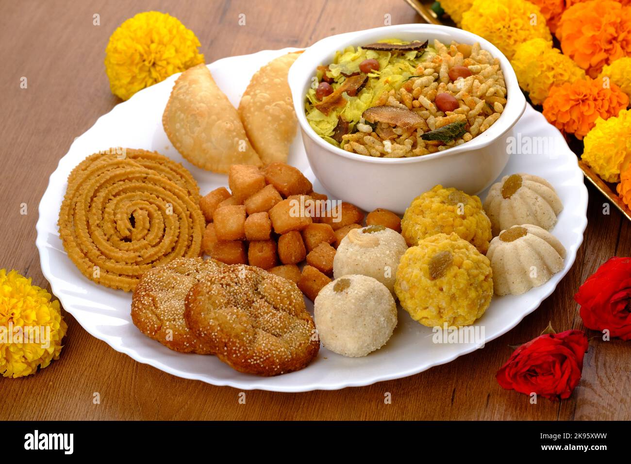 Diwali snacks Diwali faral, Diwali Special sweet and salty snacks, Festival snacks from Maharashtra, India. Stock Photo
