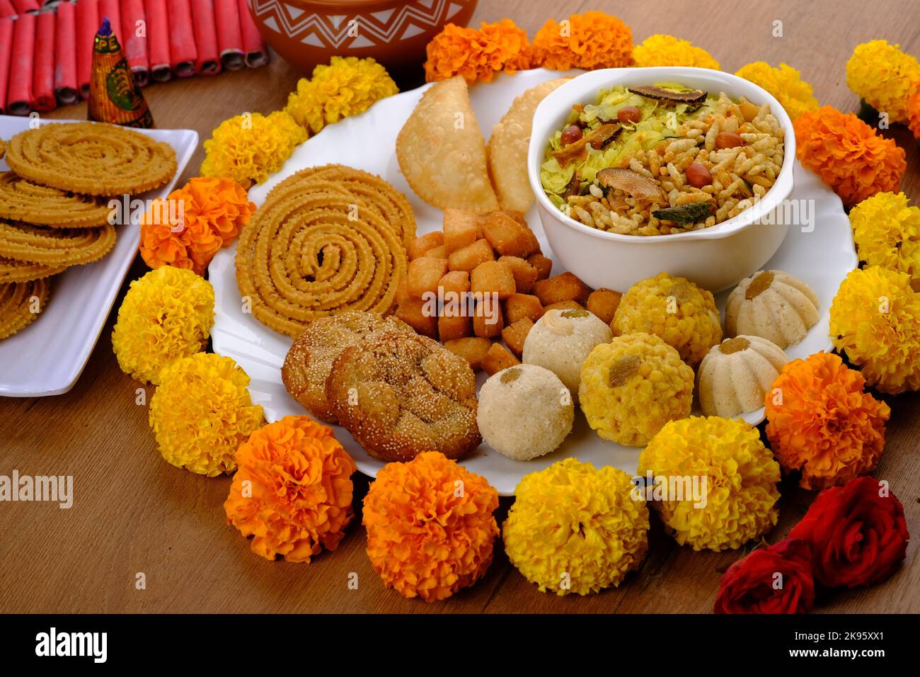 Diwali snacks Diwali faral, Diwali Special sweet and salty snacks, Festival snacks from Maharashtra, India. Stock Photo