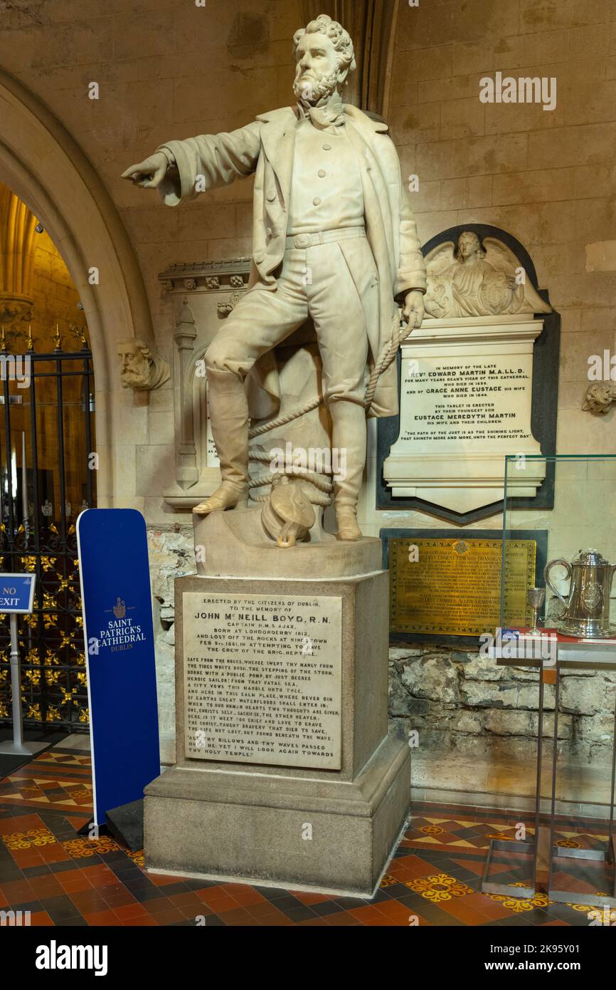 Ireland Dublin St Patrick's Cathedral founded 1191 Gothic statue memorial to John McNeill Boyd Captain HMS Ajax died trying save crew Brig Neptune Stock Photo