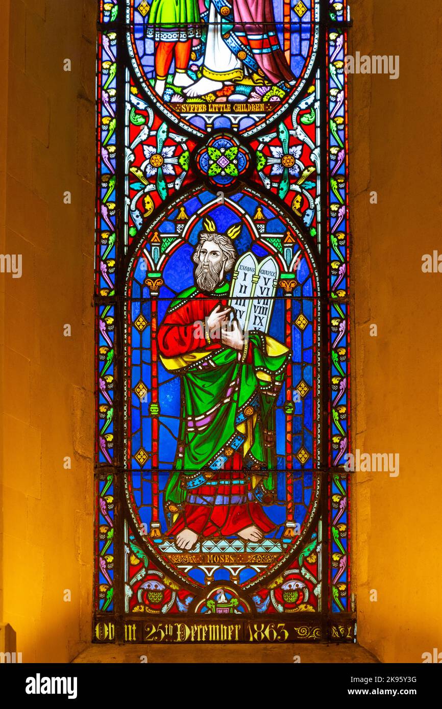 Ireland Dublin St Patrick's Cathedral Church of Ireland was Catholic founded 1191 Gothic stained glass window detail Moses 10 commandments 25.12.1863 Stock Photo