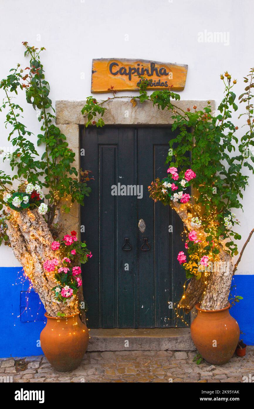 Portugal, Obidos, entrance door, flowers, street scene, Stock Photo