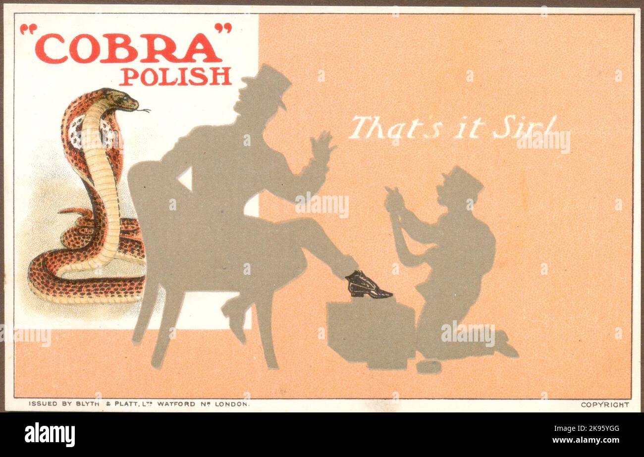 Advertising postcard for Cobra shoe polish issued by Blyth & Platt Ltd., Watford, Nr London circa 1908 Stock Photo