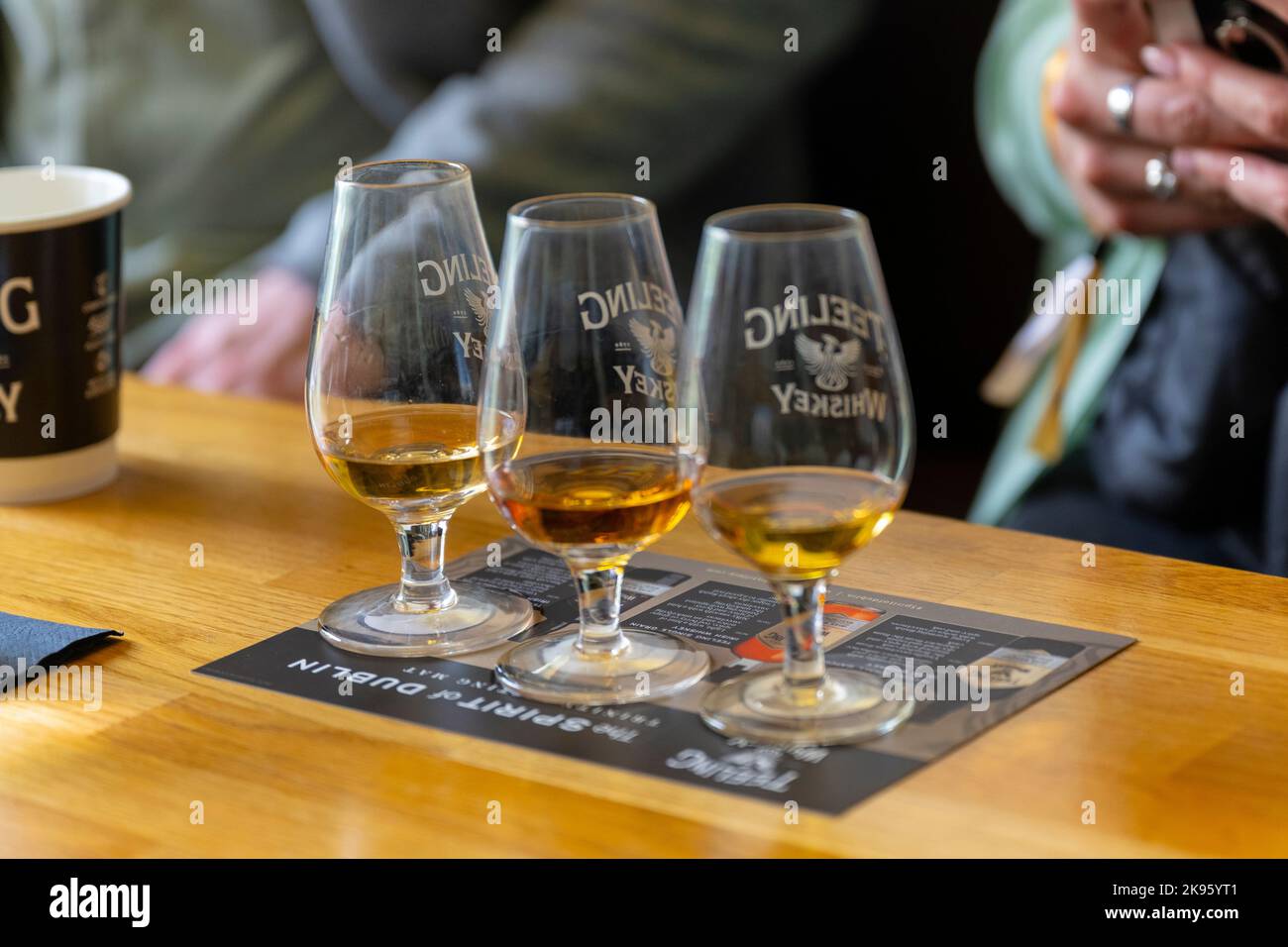 Republic of Ireland Eire Dublin Teeling Whiskey Distillery founded 1782 Golden Triangle whisky malted barley peated 3 tasting samples glasses Stock Photo