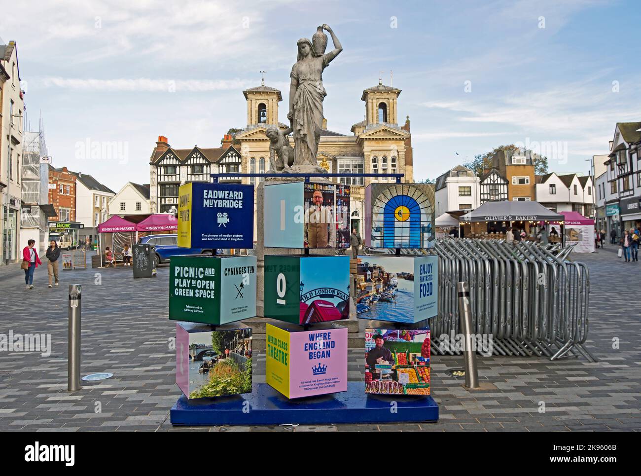 interactive cube installation in the market square of kingston upon thames, surrey, england, revealing aspects of local history, people  and interest Stock Photo