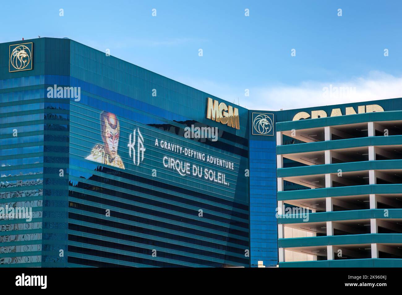 Las Vegas, USA - 24 April 2012: Exterior of the MGM Grand hotel and casino, the largest single hotel in the world, advertising the Cirque de Soleil sh Stock Photo