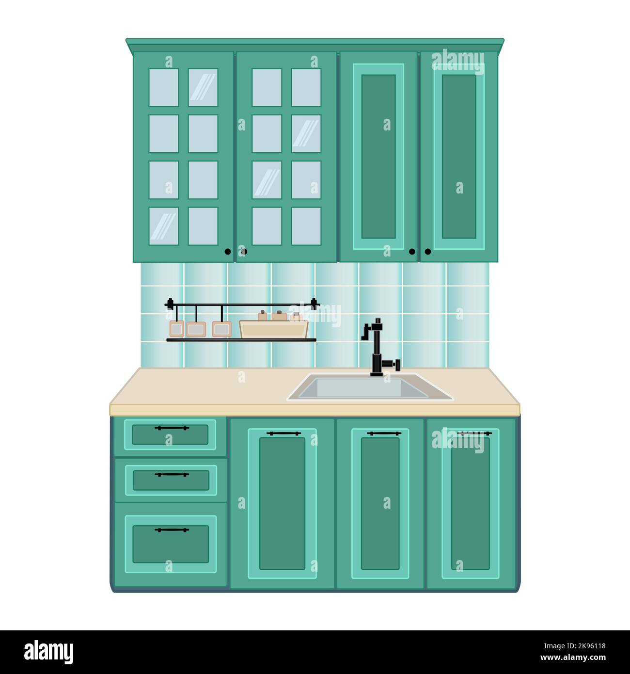 Kitchen with furniture, cupboard, sink and shelf. Modules for domestic