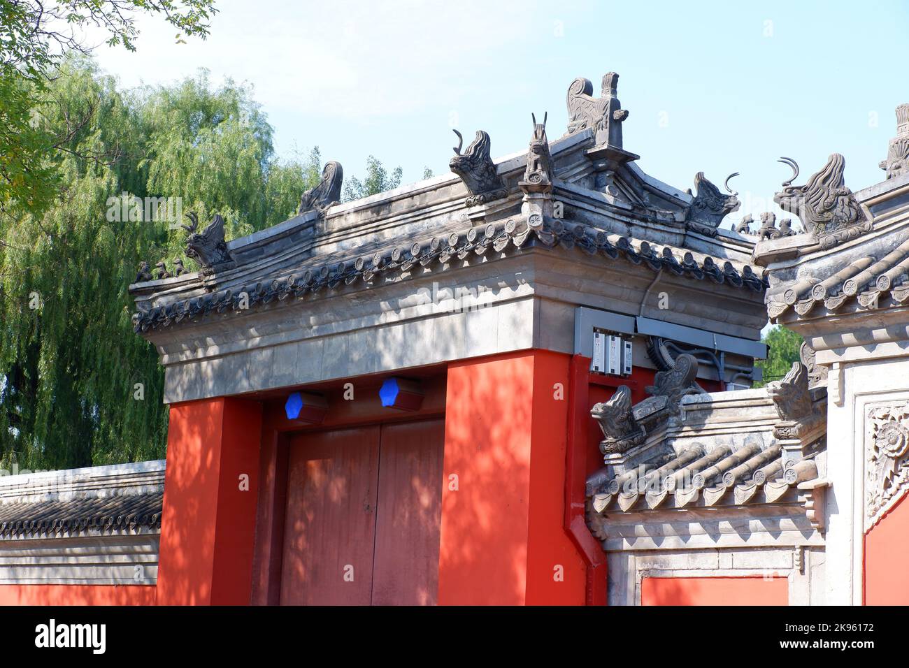 The gates of Zhengjue temple with a blue sky in the background, Yuanmingyuan Park,  Beijing, China Stock Photo