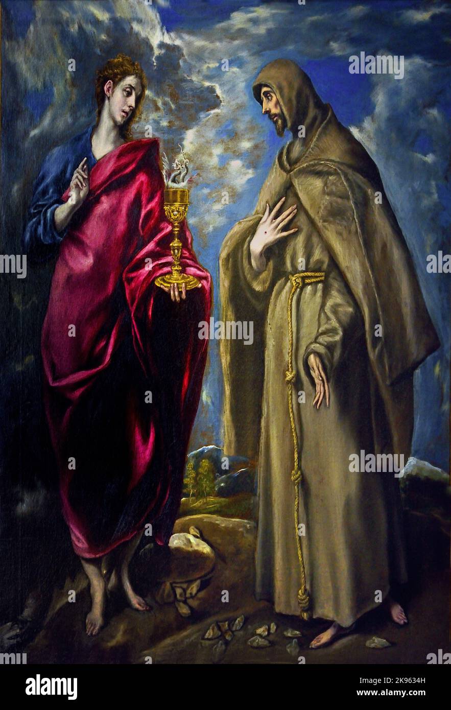 Saint John the Evangelist and Saint Francis Dominikos Theotokopulos, known as El Greco (Candia 1541 – Toledo 1614) Greek Spanish Spain. (The two saints, with their elongated, bodies and suffering faces, loom large in the foreground, set against a, sky full of lead grey clouds. ) Stock Photo