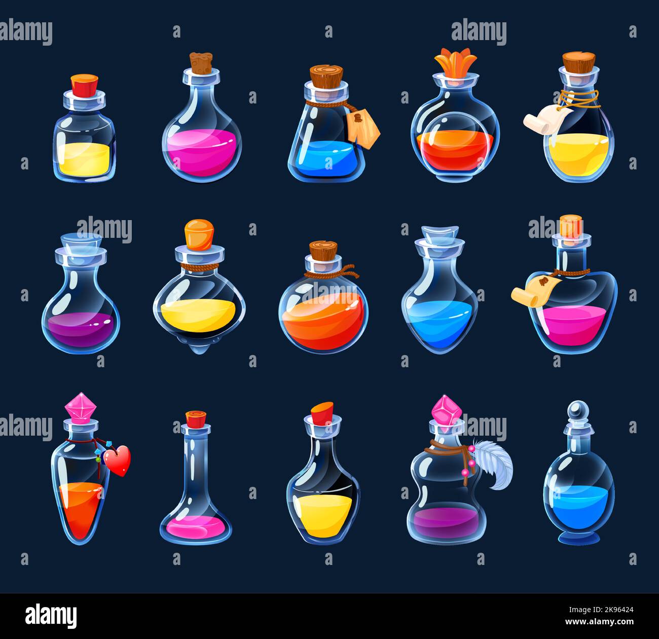 Cartoon alchemy bottles. Magic potion and love elixir game UI icons