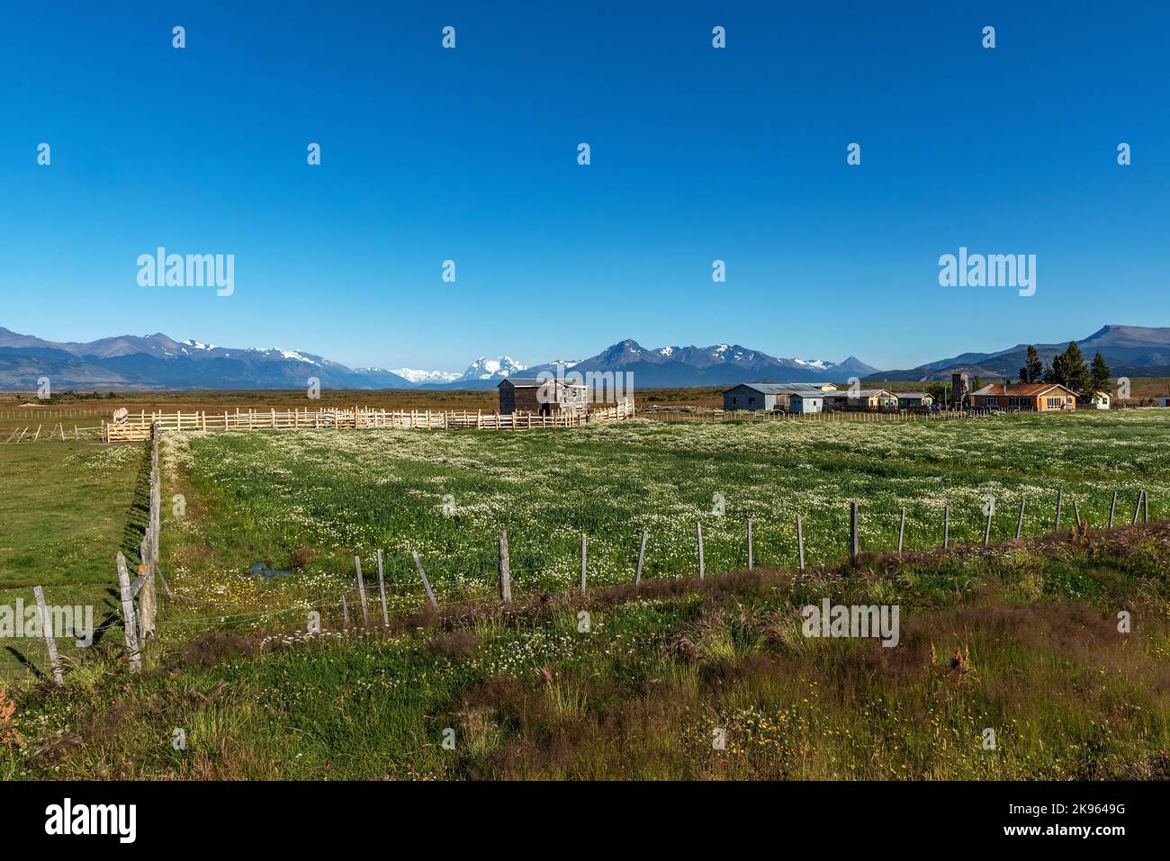 Farm on the Ultima Esperanza fjord, Puerto Natales, Chile Stock Photo