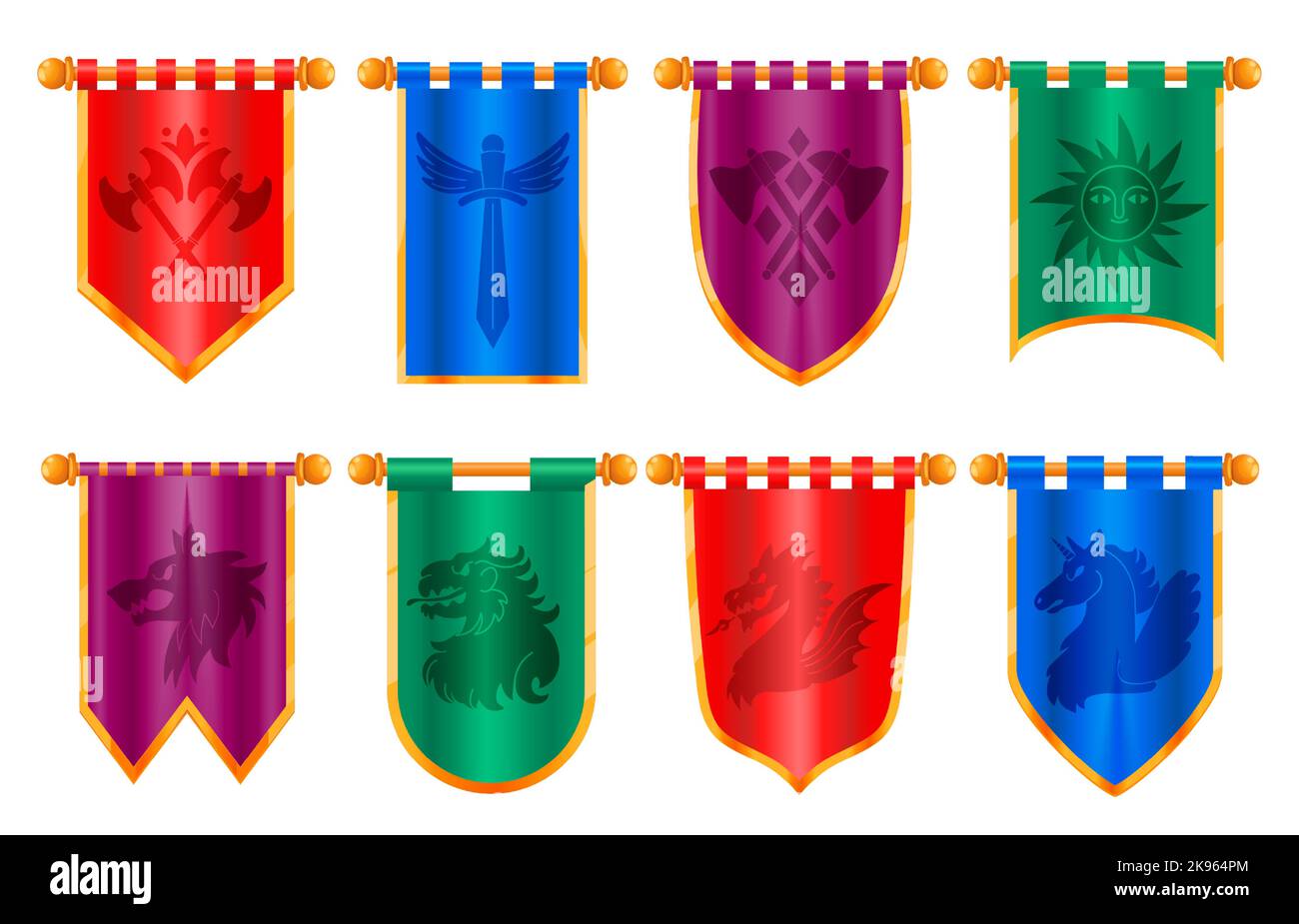 Medieval royal banner. Classical victorian flags with ancient knight pennant heraldic emblem, cartoon regal flagstaff for UI game app design. Vector Stock Vector